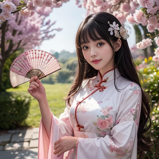 best quality, Delicate face,beautiful visual work, lifelike, eternity, black hair, Long curly hair, blunt bangs, Smile, 在flower园里, flower, Detailed Background, Delicate face,pink blush,cold,((masterpiece))、(top quality)、8k、high detail、Super detailed,21 years old female,Wearing Chinese cheongsam、Seductive and whimsical style、masterpiece、born、Scenes resembling fairy tale illustrations、intricate details和複雜的設計、Beautifully、magic、capricious、 Beautifully、Dream aesthetics、「𝓡𝓸𝓶𝓪𝓷𝓽𝓲𝓬、ethereal、charming、fickle、magic」、realism、Visual effects、FXAA、SSAO、Shader、voiceless、ambient lighting、Tone mapping、High resolution、Ultra high quality、Million pixels、(8K resolution:1.10)、8k、8k以下、8K resolution、high detail、intricate details, (high quality:1.2、masterpiece:1.2、:1.21)、(21 years old female:1.21)、(興奮地Smile)、(Surrounded by a dreamy atmosphere、Model diagram,full-body shot,Normal 2 feet,Don't show your fingers,Japanese folding fan held open in front of chest