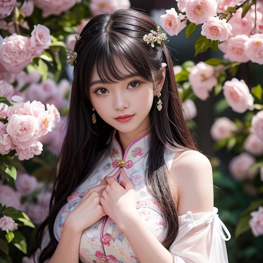 best quality, Delicate face，beautiful visual work, lifelike, eternity, black hair, Long curly hair, blunt bangs, Smile, 在flower园里, flower, Detailed Background, Delicate face，pink blush，cold，((masterpiece))、(top quality)、8k、high detail、Super detailed，21 years old female，Wearing Chinese cheongsam、Seductive and whimsical style、masterpiece、born、Scenes resembling fairy tale illustrations、intricate details和複雜的設計、Beautifully、magic、capricious、 Beautifully、Dream aesthetics、「𝓡𝓸𝓶𝓪𝓷𝓽𝓲𝓬、ethereal、charming、fickle、magic」、realism、Visual effects、FXAA、SSAO、Shader、voiceless、ambient lighting、Tone mapping、High resolution、Ultra high quality、Million pixels、(8K resolution:1.10)、8k、8k以下、8K resolution、high detail、intricate details， (high quality:1.2、masterpiece:1.2、:1.21)、(21 years old female:1.21)、(興奮地Smile)、(Surrounded by a dreamy atmosphere、Model diagram，full-body shot，Normal 2 feet，Don't show your fingers，Japanese folding fan held open in front of chest