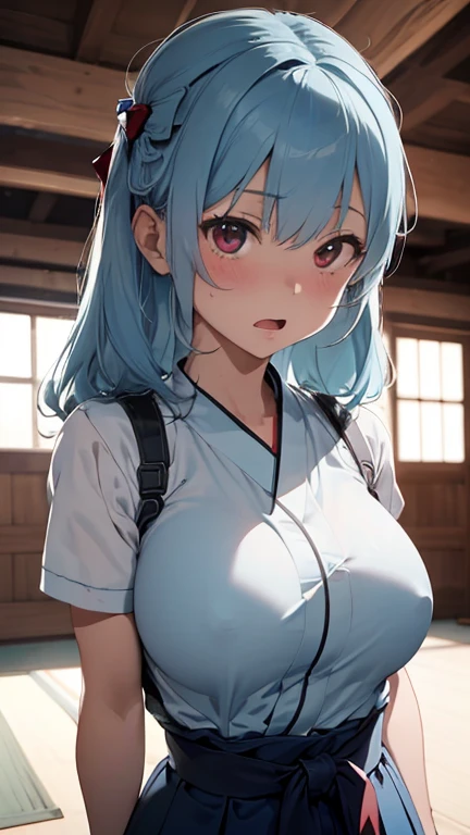 mastute piece,Best Quality,insanely detailed,8k cg,nsfw,
(shoot upper body:1.3),
(1girls:1.3),standing,looking at viewr,body in front,(arms behind back:1.4),(kendo uniform:1.3,doges:1.3,hakama:1.3),kendo:1.3、(bare breasts:0.9),BREAK,
blush,shy,(ecstasy face),(trembling:1.2),BREAK,(light blue hair:1.3),
BREAK,
perfect breasts,perfect teats,(open mouth:0.9),(large breasts:1.2),
(kendo-dojo),kendo道場、