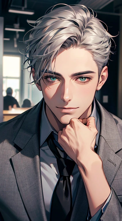 (Highest quality,4K,8K,High resolution,masterpiece:1.2),Super detailed,(Realistic,photoRealistic,photo-Realistic:1.37),1 person,31 years old,Mature Men,Beautiful skin、very handsome,Expressionless smile in love,Short gray silver hair,green eyes,Sharp Eyes,A perfect face without a doubt,Businessman,Office Background,Cinema Lighting,HDR image,tie、