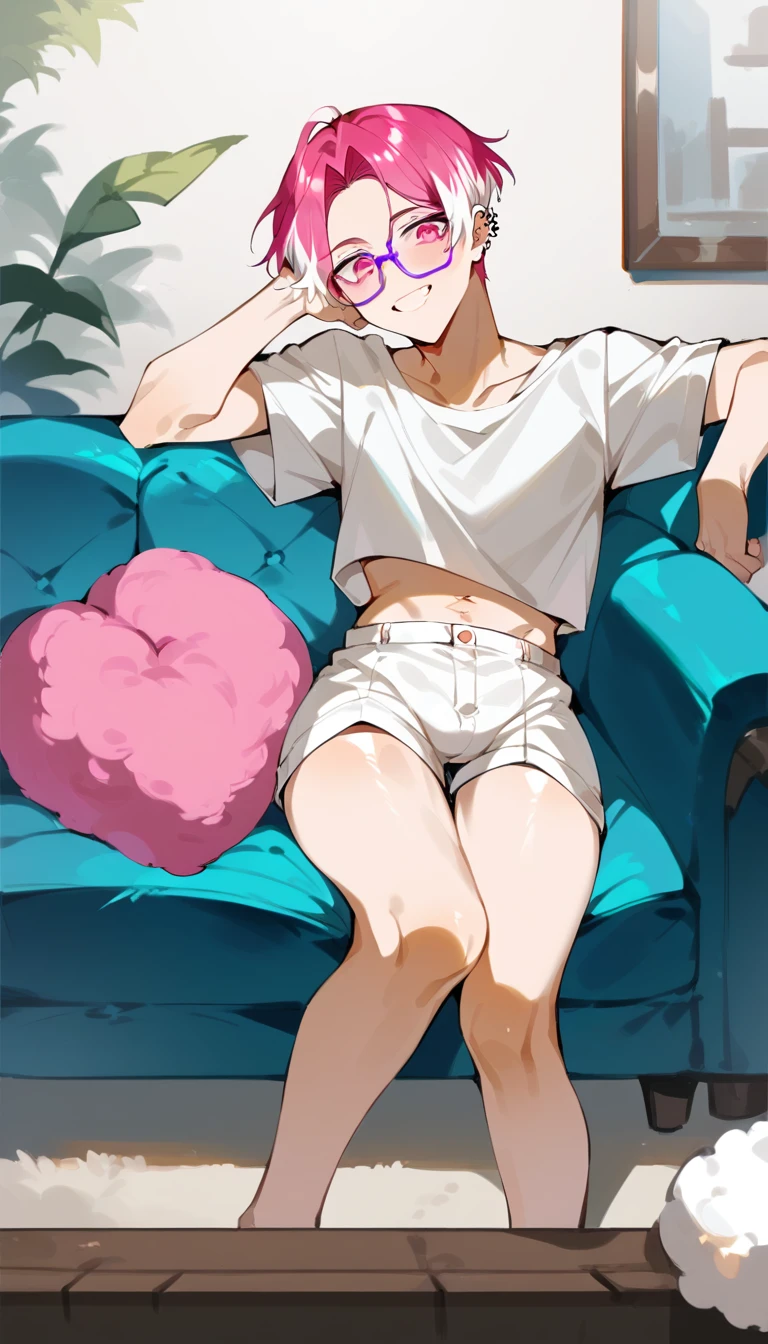 a young man with medium pink hair and some white highlights, UP TO THE NECK, piercings na orelha, hot pink eyes. He only wears short white cotton shorts., next to clear and purple glasses. He smiles mischievously and seductively, standing next to the sofa, hand resting on the sofa. femboy, 精致的面容. white short shorts. sexy boy. detailled image, HD. cute smile. clear living room, comfortable environment, pink fluffy sofa.