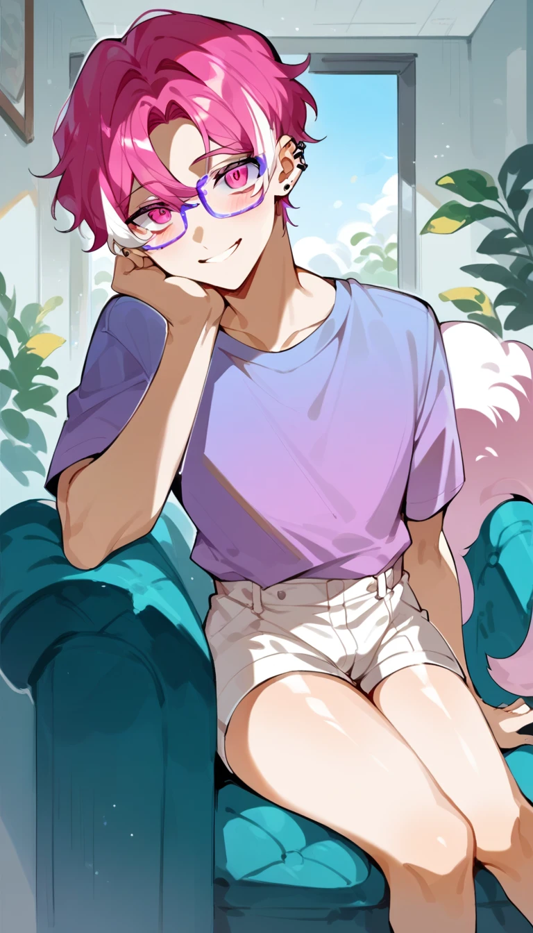 a young man with medium pink hair and some white highlights, UP TO THE NECK, piercings na orelha, hot pink eyes. He only wears short white cotton shorts., next to clear and purple glasses. He smiles mischievously and seductively, standing next to the sofa, hand resting on the sofa. femboy, 精致的面容. white short shorts. sexy boy. detailled image, HD. cute smile. clear living room, comfortable environment, pink fluffy sofa.