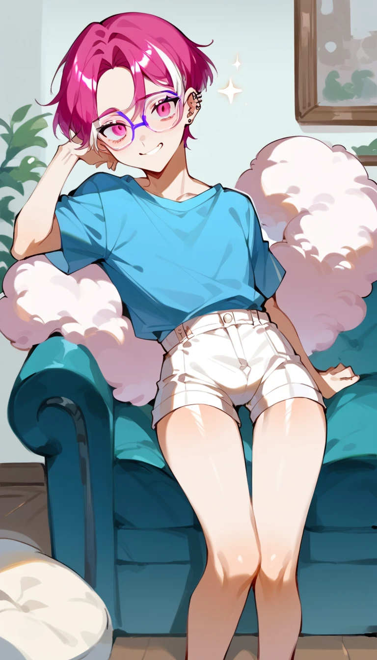 a young man with medium pink hair and some white highlights, UP TO THE NECK, piercings na orelha, hot pink eyes. He only wears short white cotton shorts., next to clear and purple glasses. He smiles mischievously and seductively, standing next to the sofa, hand resting on the sofa. femboy, 精致的面容. white short shorts. sexy boy. detailled image, HD. cute smile. clear living room, comfortable environment, pink fluffy sofa.