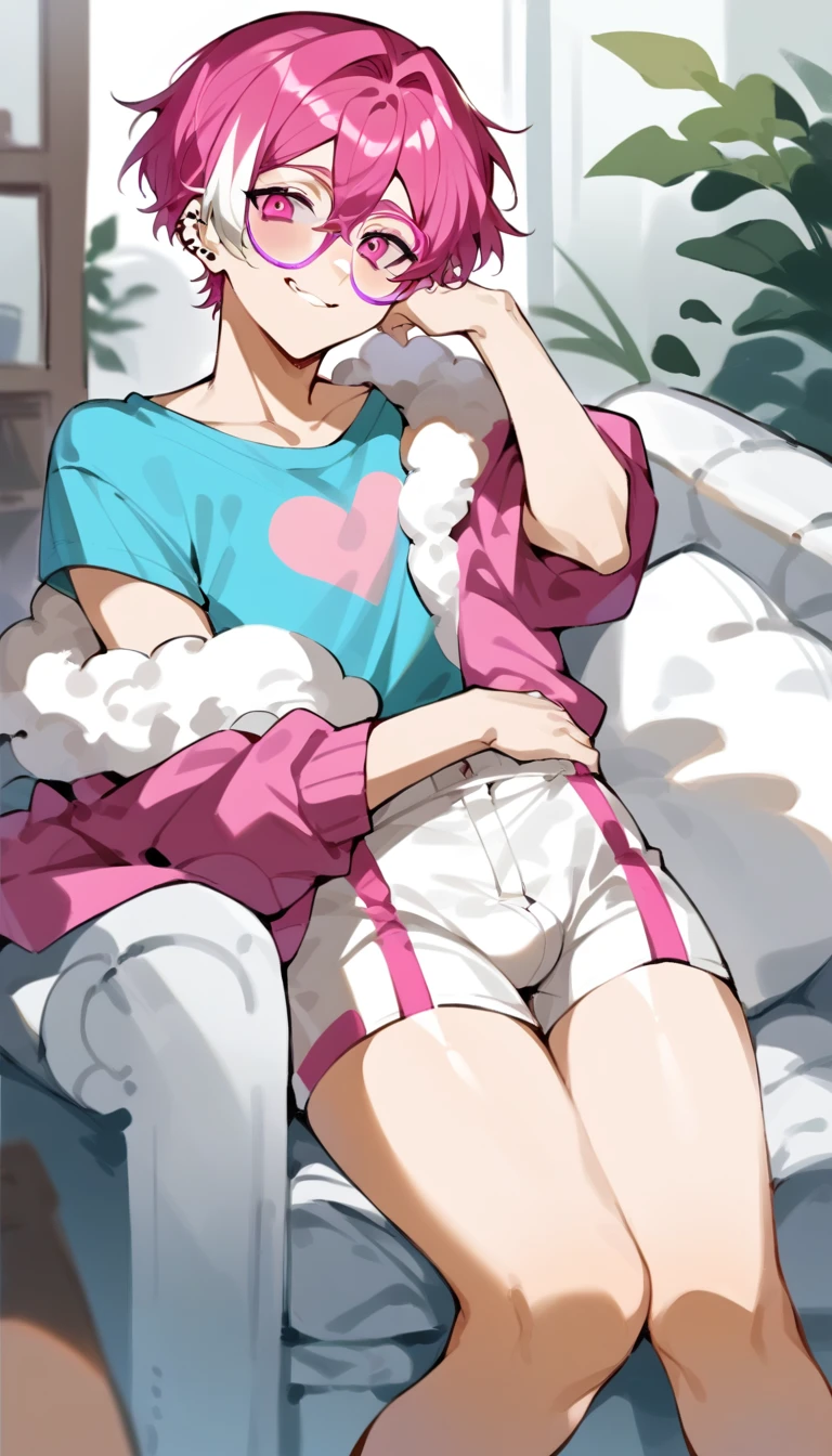 a young man with medium pink hair and some white highlights, UP TO THE NECK, piercings na orelha, hot pink eyes. He only wears short white cotton shorts., next to clear and purple glasses. He smiles mischievously and seductively, standing next to the sofa, hand resting on the sofa. femboy, 精致的面容. white short shorts. sexy boy. detailled image, HD. cute smile. clear living room, comfortable environment, pink fluffy sofa.