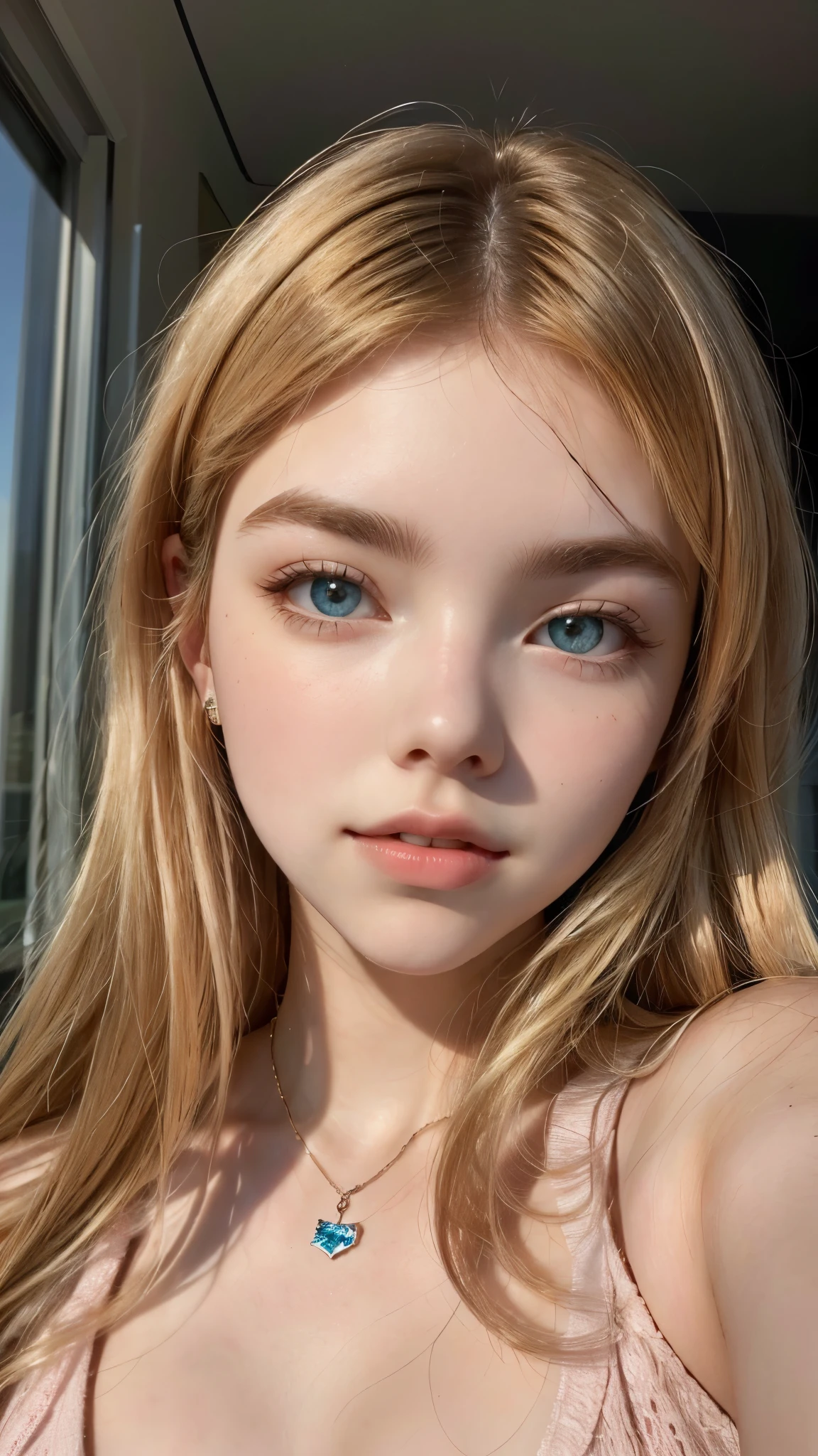 a close-up of a woman with long hair wearing a necklace, young and cute girl,  19 years old, she has a cute face, young beautiful face, Anya Taylor joy, a beautiful teenager, vídeo tiktok, she has a cute face e expressivo, beautiful young, blonde hair and large eyes, a girl with blonde hair