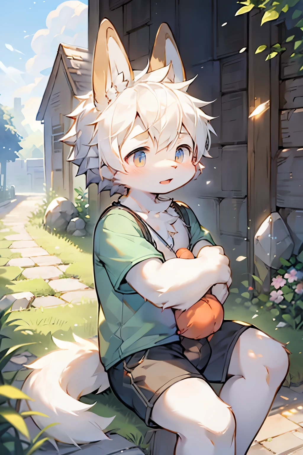 Dwarf rabbit boy，Bunny ears，Furry boys，Baby characteristics，White skin，White Arm，White hair，Short sleeve，shorts，Rural courtyard background