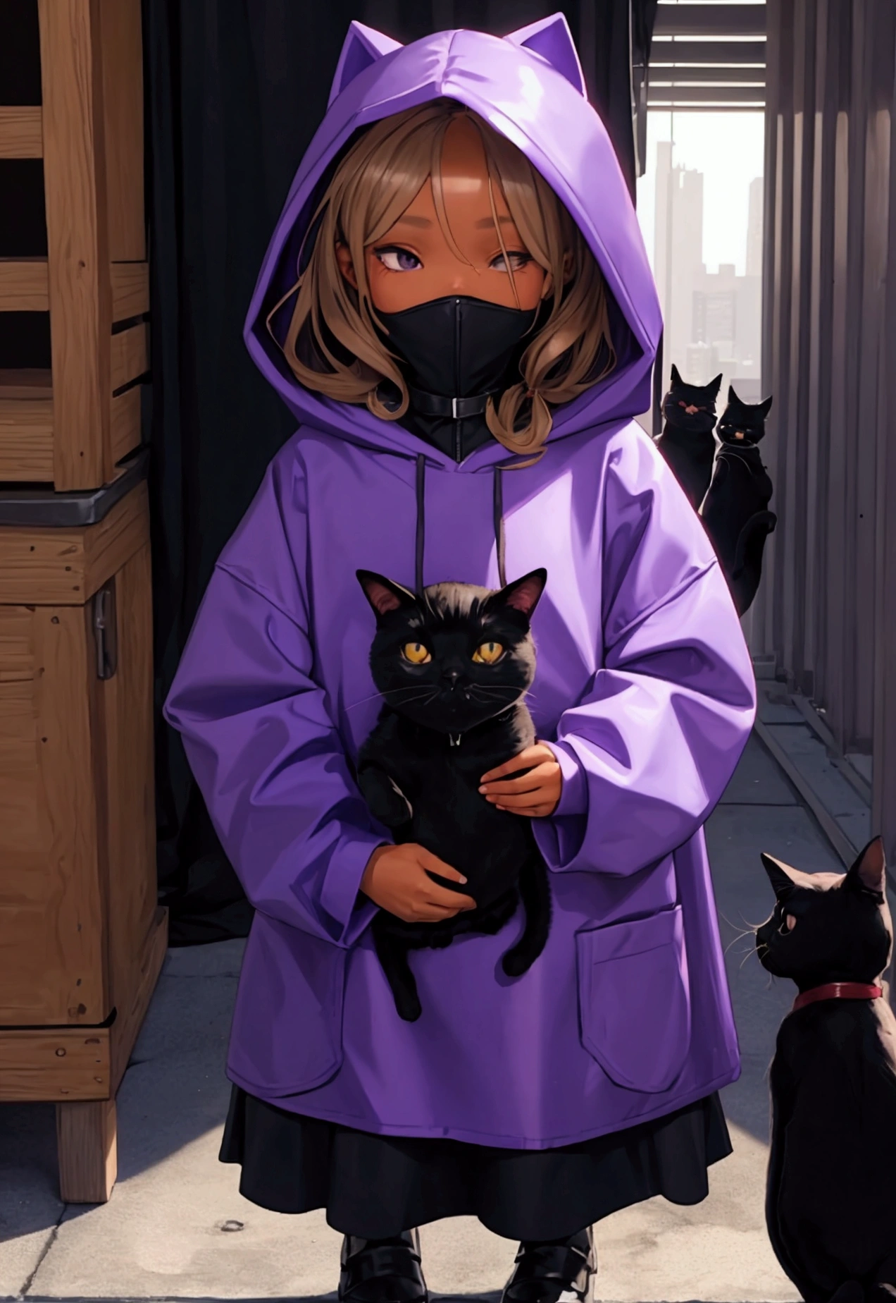 A little child with purple hood up with Carmel skin, can't see eyes, hood covers eyes, holding a black cat, straight face