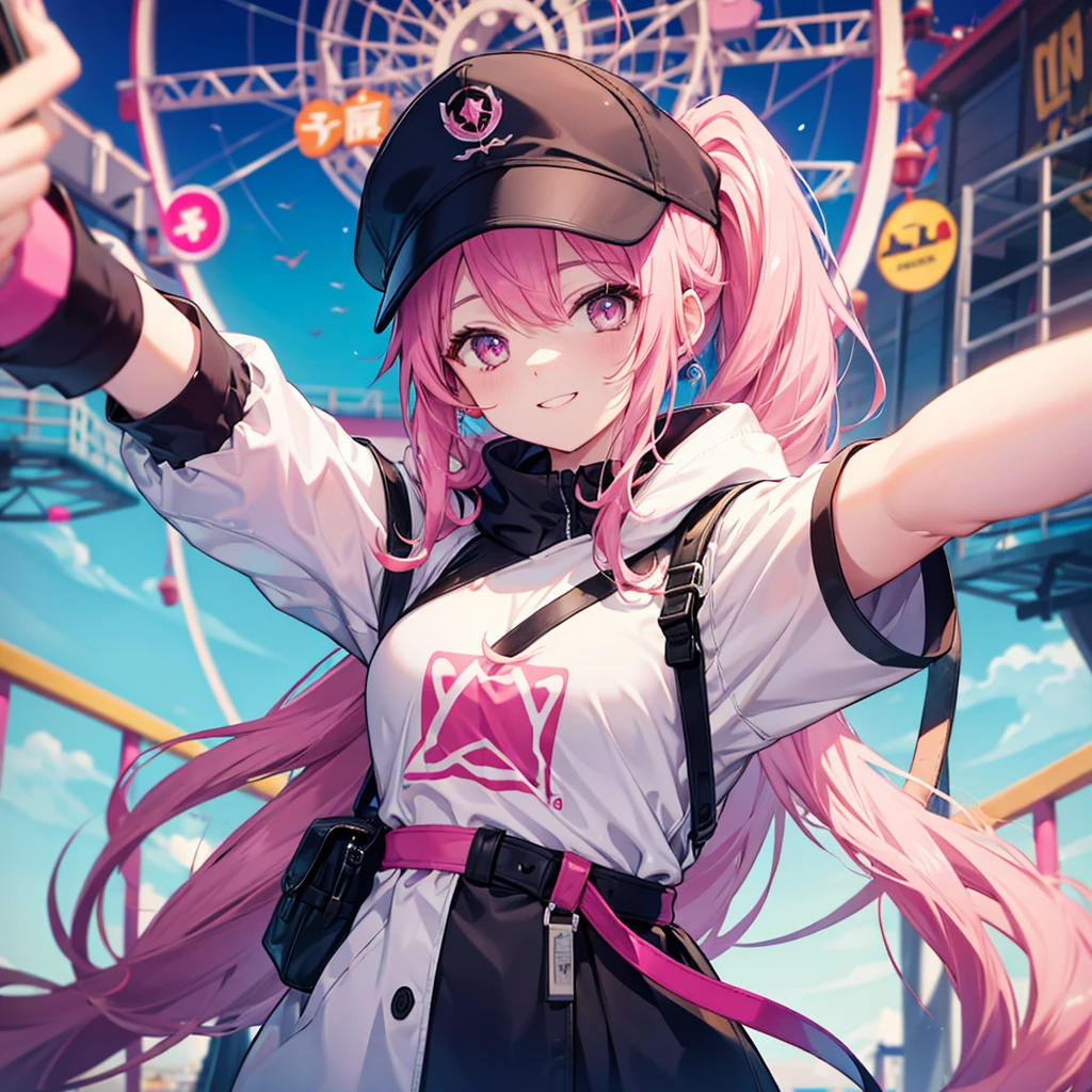 One woman,Best Influencers((Taking a selfie,High angle, wearing a black cap)) background(amusement park,Ferris wheel) Super smile,Smiling with teeth showing,V sign pink hair,Side ponytail Pink eyes,Shiny hoodie,Pink accent anime style,Japan Shining Eyes,A masterpiece Shining edges