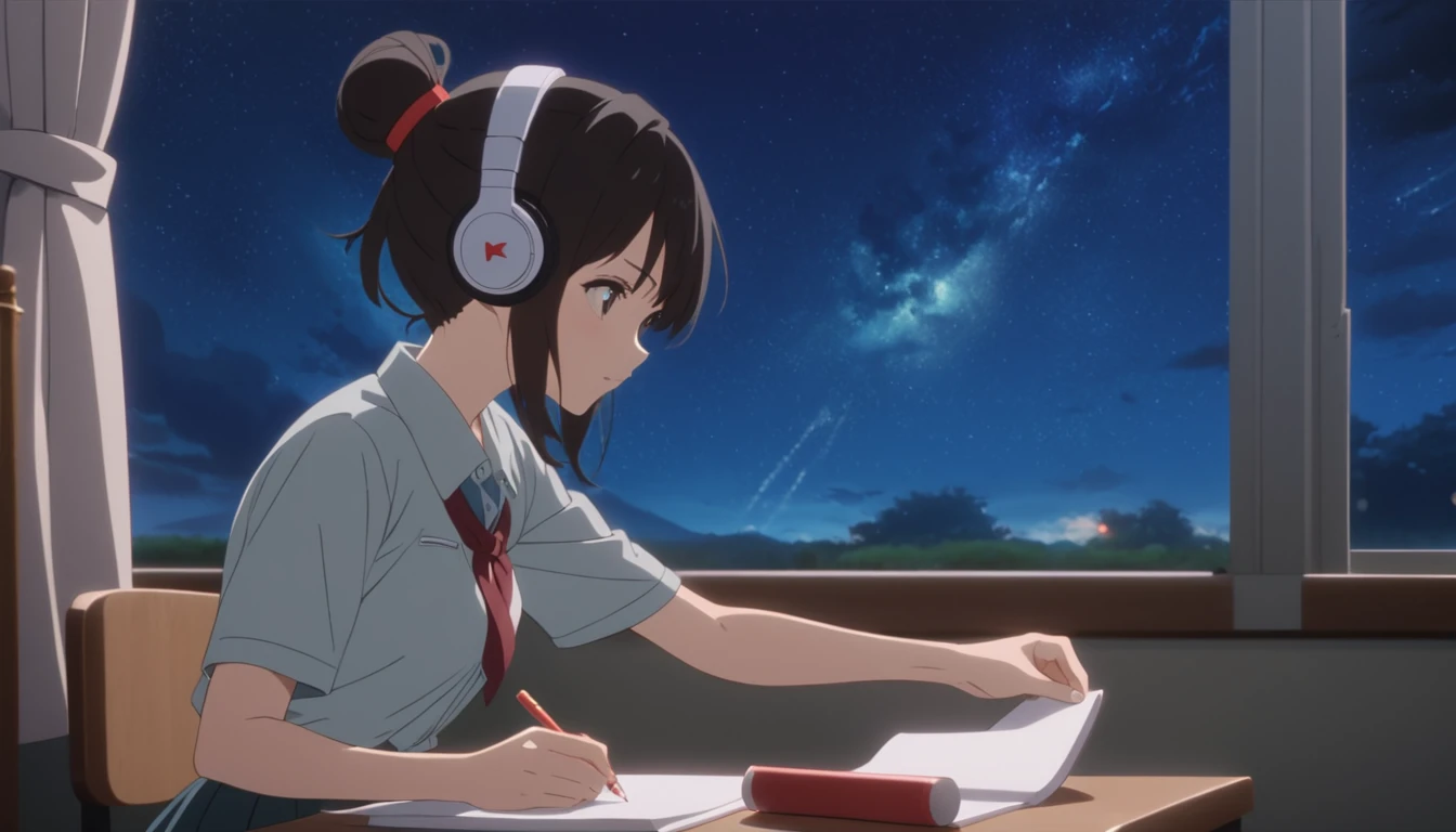 Anime girl sitting at a desk writing with headphones on, yourname movie style, Kyoto Animation stills, yourname, Makoto Shinkai style, Kyoto Animation Style, Anime movie stills, Makoto Shinkai art style, Today's featured anime is still, Anime movie screenshots, Anime movie screenshots, From the TV anime, Makoto Shinkai!