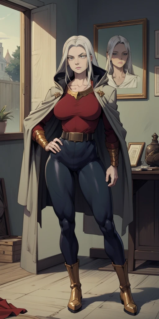 (((muscular))), (thick thighs, small breasts, toned body, 1 girl), black hair, pale skin, yellow eyes, angry, mound, very long hair, hero pose, ((full body))