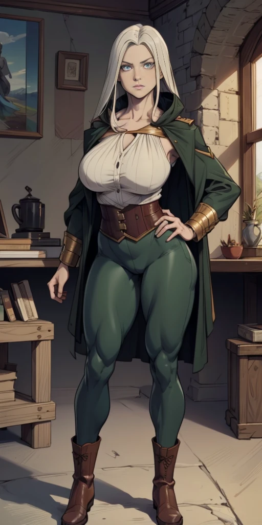 A woman with long platinum bob hair, arched crescent eyebrows, sharp and determined eyes, a delicate oval face, a serious expression, a fantasy-style dark green military coat, draped with a dark red waist-length cloak, military trousers, leather combat boots, silver greaves leggings, one hand on her hip, standing in a spacious training ground, this character embodies a finely crafted fantasy-style female military officer in anime style, exquisite and mature manga art style, pale skin, high definition, best quality, highres, ultra-detailed, ultra-fine painting, extremely delicate, professional, perfect body proportions, golden ratio, anatomically correct, symmetrical face, extremely detailed eyes and face, high quality eyes, creativity, RAW photo, UHD, 32k, Natural light, cinematic lighting, masterpiece-anatomy-perfect, masterpiece:1.5