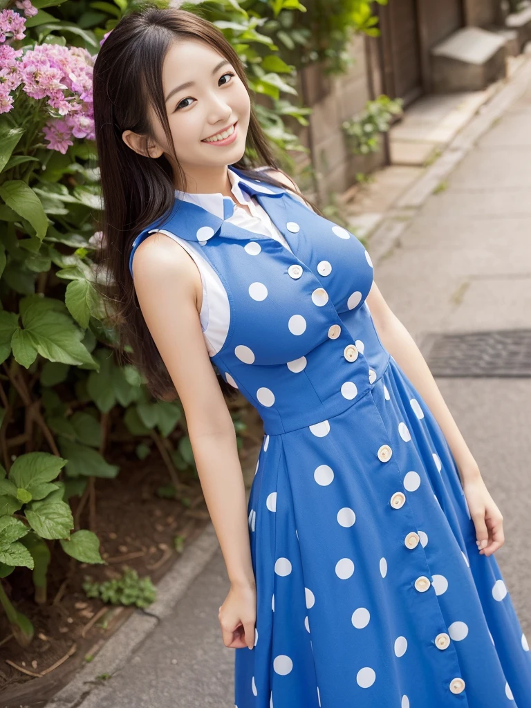 Japanese women, (Underweight), (Highest quality:1.5), (Bright smile:1.3),(Big Breasts:1.3)
, fun, walk, Long Hair, (A sleeveless blue dress with tiny round polka dots and buttons on the collar and chest.), Bright atmosphere, Full Body Shot, Low angle shot、No background、(Erect nipples)