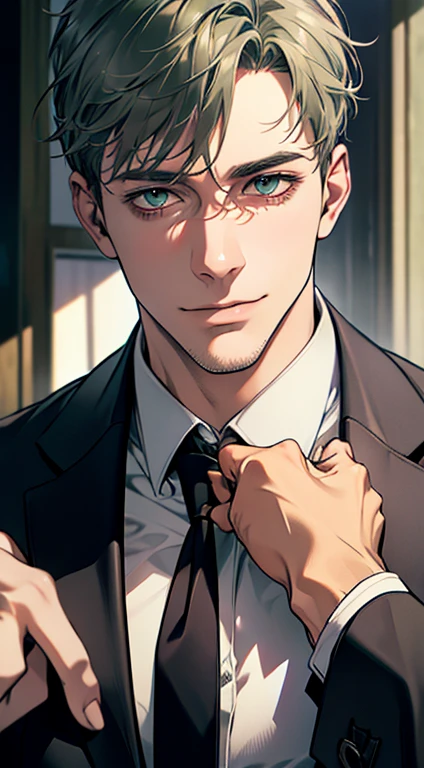 (best quality,4k,8k,highres,masterpiece:1.2),ultra-detailed,(realistic,photorealistic,photo-realistic:1.37),1 man,31 years old,mature man,very handsome,without expression,smile,short grey green hair,blue eyes,penetrating gaze,perfect face without errors,imposing posture,businessman,office background,cinematic lighting,hdr image