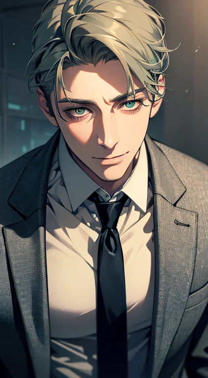 (best quality,4k,8k,highres,masterpiece:1.2),ultra-detailed,(realistic,photorealistic,photo-realistic:1.37),1 man,31 years old,mature man,very handsome,without expression,smile,short grey green hair,blue eyes,penetrating gaze,perfect face without errors,imposing posture,businessman,office background,cinematic lighting,hdr image