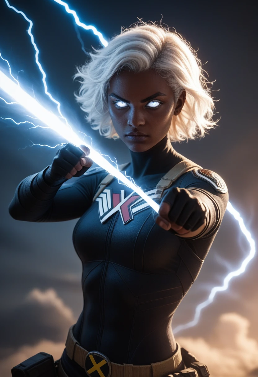 Superhero Storm from X-Men, beyunka ,african girl, white hair mohawkhaircut, shaven sides of the head, white glowing eyes, wlieding lightning, combat stance, highly detailed, vibrant appearance, creative behavior, extremly detailed, imaginative, sensual, spontaneous, highest quality, skin texture, intricate details, (cinematic lighting), RAW photo, 8k, masterpiece,best quality,ultra-detailed,very detailed illustrations,extremely detailed,intricate details,highres,super complex details,extremely detailed 8k cg wallpaper,