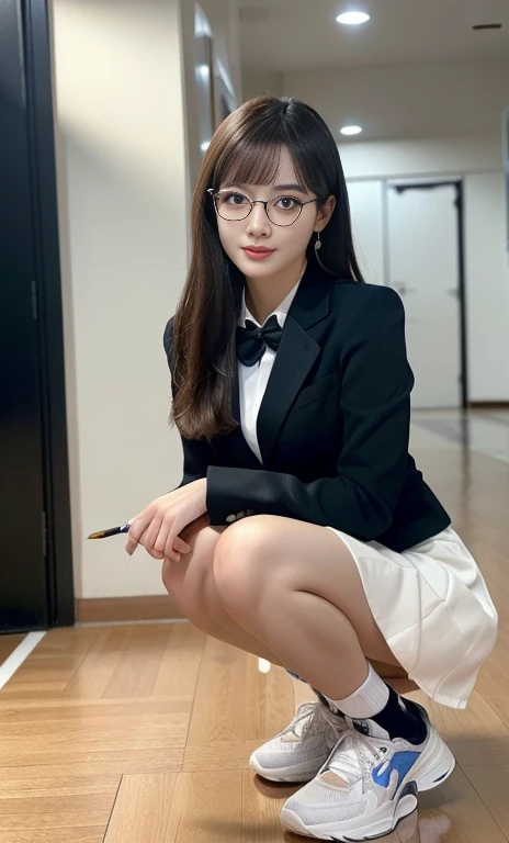 (A gorgeous Chinese lady, age 28, professional high-school lecturer & basketball coach, wearing formal office attire, blazers, sky-blue tie, long-sleeve white shirt with buttons, pencil mini-skirt, ITZY sneakers, squatting in a indoor court,

(fabulous, geeky, feminine, gentle,
friendly, goofy, fascinating, Graceful),

spectacles, #roundeyeware, #glasses, #eyeware, kind smile, dimpled cheeks, cute snaggle-tooth, short ponytail, short bob hair trimmed, short hair, symmetrical face, beautiful detailed face, bright_and_full_of_warmth_eyes, detailed eyes, ample round bosom, perfect body anatomy,

Award-winning, photorealistic, hyper-realism, high contrast, ultra HD, realistic skin textures, top image quality, top-quality, super high resolution, fine details, very meticulously, Vivid Colours, masterpiece, High angle shot, full body shot, cowboy shot, positive affirmation, serene ambience, bokeh night background, SFW)