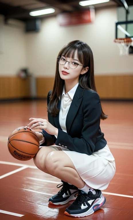 (A gorgeous Chinese lady, age 28, professional high-school lecturer & basketball coach, wearing formal office attire, blazers, sky-blue tie, long-sleeve white shirt with buttons, pencil mini-skirt, ITZY sneakers, squatting in a indoor court,
(fabulous, geeky, feminine, gentle,
friendly, goofy, fascinating, Graceful),
spectacles, #roundeyeware, #glasses, #eyeware, kind smile, dimpled cheeks, cute snaggle-tooth, short ponytail, short bob hair trimmed, short hair, symmetrical face, beautiful detailed face, bright_and_full_of_warmth_eyes, detailed eyes, ample round bosom, perfect body anatomy,
Award-winning, photorealistic, hyper-realism, high contrast, ultra HD, realistic skin textures, top image quality, top-quality, super high resolution, fine details, very meticulously, Vivid Colours, masterpiece, High angle shot, full body shot, cowboy shot, positive affirmation, serene ambience, bokeh night background, SFW)