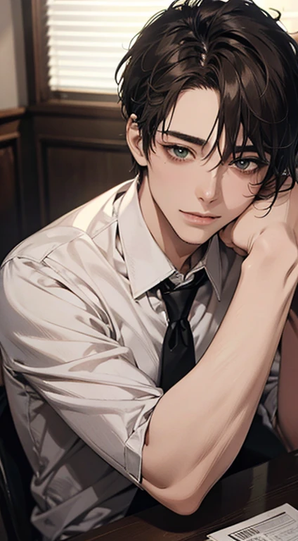 (Highest quality,4K,8K,High resolution,masterpiece:1.2),Super detailed,(Realistic,photoRealistic,photo-Realistic:1.37),1 person,34 years old,Mature Men,Beautiful skin、very handsome,Expressionless smile in love,Short gray brown hair,green eyes,Sharp Eyes,A perfect face without a doubt,Businessman, CEO, Office Background,Cinema Lighting,HDR image,tie、