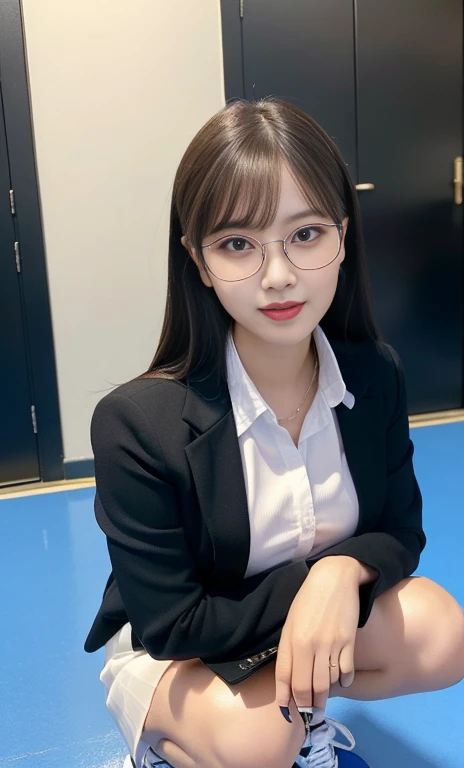 (A gorgeous Chinese lady, age 28, professional high-school lecturer & basketball coach, wearing formal office attire, blazers, sky-blue tie, long-sleeve white shirt with buttons, pencil mini-skirt, ITZY sneakers, squatting in a indoor court,

(fabulous, geeky, feminine, gentle,
friendly, goofy, fascinating, Graceful),

spectacles, #roundeyeware, #glasses, #eyeware, kind smile, dimpled cheeks, cute snaggle-tooth, short ponytail, short bob hair trimmed, short hair, symmetrical face, beautiful detailed face, bright_and_full_of_warmth_eyes, detailed eyes, ample round bosom, perfect body anatomy,

Award-winning, photorealistic, hyper-realism, high contrast, ultra HD, realistic skin textures, top image quality, top-quality, super high resolution, fine details, very meticulously, Vivid Colours, masterpiece, High angle shot, full body shot, cowboy shot, positive affirmation, serene ambience, bokeh night background, SFW)