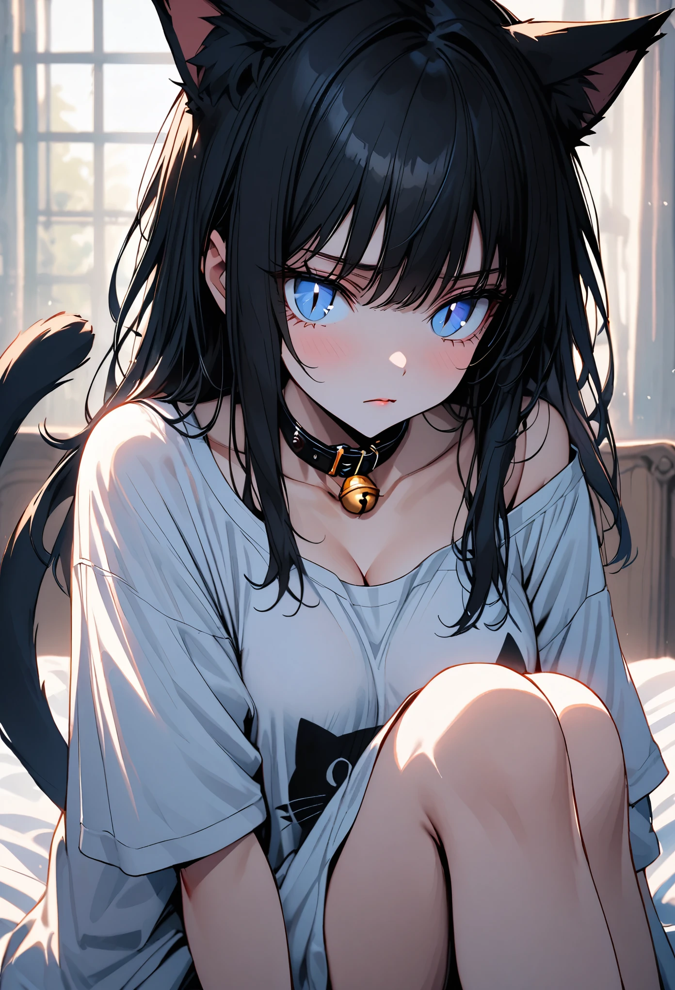 Long black messy hair，teens girl，cat ear，Slender body，blue colored eyes，Loose black sweatshirt，black short skirt，Bare legged，sitting on his knees on the bed，inside in room