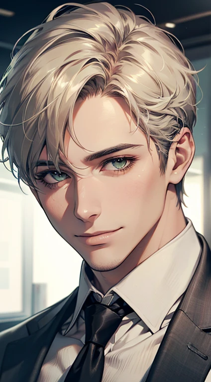 (Highest quality,4K,8K,High resolution,masterpiece:1.2),Super detailed,(Realistic,photoRealistic,photo-Realistic:1.37),1 person,34 years old,Mature Men,Beautiful skin、very handsome,Expressionless smile in love,Short white hair,green eyes,Sharp Eyes,A perfect face without a doubt,Businessman, CEO, Office Background,Cinema Lighting,HDR image,tie、