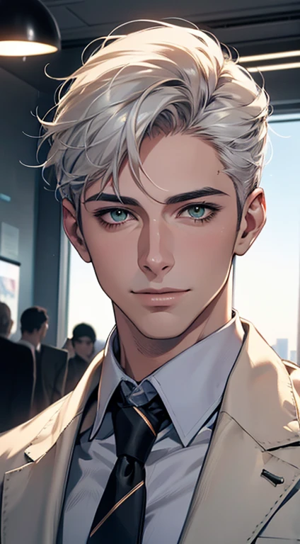 (Highest quality,4K,8K,High resolution,masterpiece:1.2),Super detailed,(Realistic,photoRealistic,photo-Realistic:1.37),1 person,34 years old,Mature Men,Beautiful skin、very handsome,Expressionless smile in love,Short white hair,green eyes,Sharp Eyes,A perfect face without a doubt,Businessman, CEO, Office Background,Cinema Lighting,HDR image,tie、