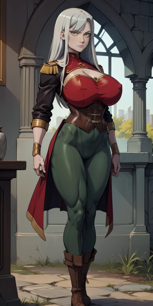 A woman with long platinum bob hair, arched crescent eyebrows, sharp and determined eyes, a delicate oval face, a serious expression, a fantasy-style dark green military coat, draped with a dark red waist-length cloak, military trousers, leather combat boots, silver greaves leggings, one hand on her hip, standing in a spacious training ground, this character embodies a finely crafted fantasy-style female military officer in anime style, exquisite and mature manga art style, pale skin, high definition, best quality, highres, ultra-detailed, ultra-fine painting, extremely delicate, professional, perfect body proportions, golden ratio, anatomically correct, symmetrical face, extremely detailed eyes and face, high quality eyes, creativity, RAW photo, UHD, 32k, Natural light, cinematic lighting, masterpiece-anatomy-perfect, masterpiece:1.5