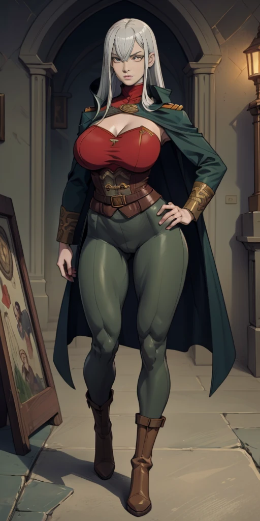 A woman with long platinum bob hair, arched crescent eyebrows, sharp and determined eyes, a delicate oval face, a serious expression, a fantasy-style dark green military coat, draped with a dark red waist-length cloak, military trousers, leather combat boots, silver greaves leggings, one hand on her hip, standing in a spacious training ground, this character embodies a finely crafted fantasy-style female military officer in anime style, exquisite and mature manga art style, pale skin, high definition, best quality, highres, ultra-detailed, ultra-fine painting, extremely delicate, professional, perfect body proportions, golden ratio, anatomically correct, symmetrical face, extremely detailed eyes and face, high quality eyes, creativity, RAW photo, UHD, 32k, Natural light, cinematic lighting, masterpiece-anatomy-perfect, masterpiece:1.5