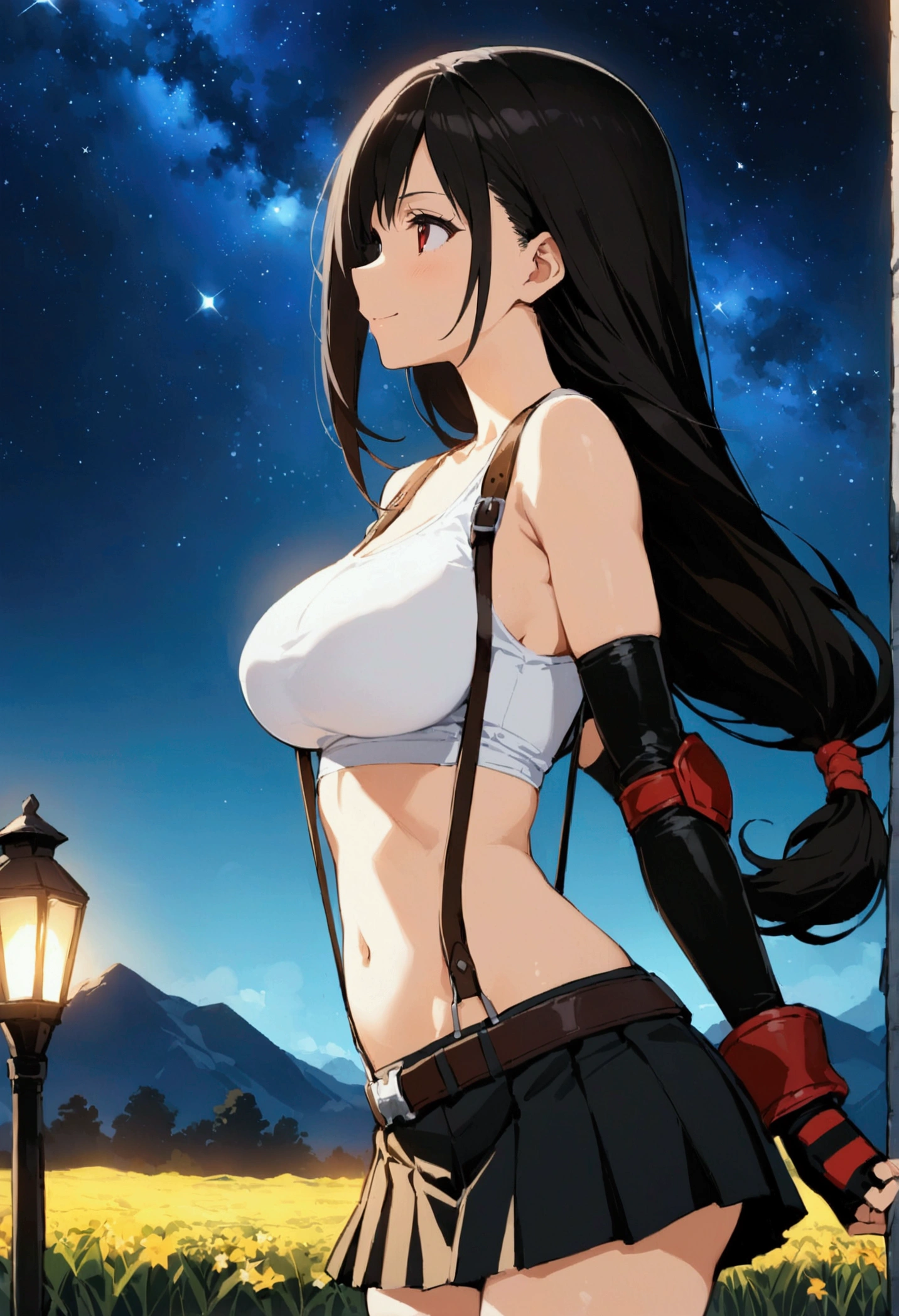 score_9,score_8_up,score_7_up,BREAK source_anime, masterpiece, best quality, (recent), perfect anatomy, very aesthetic,anime style,upperbody,,Solo,1girl, tifa lockhart, final fantasy,black hair, low-tied long hair, red eyes, bangs, (white tank top,gap),(High exposure)，the ribs,belt, pleated skirt, thighhighs, elbow fingerless gloves,  midriff, navel,suspenders.skirt),beautiful waist ,(large_breast:1.3),(from side,looking away),standing,arms in sides,light smile,,,outdoor,star sky,night, skin tight,  depth of field、beautifully lit,great lighting　　