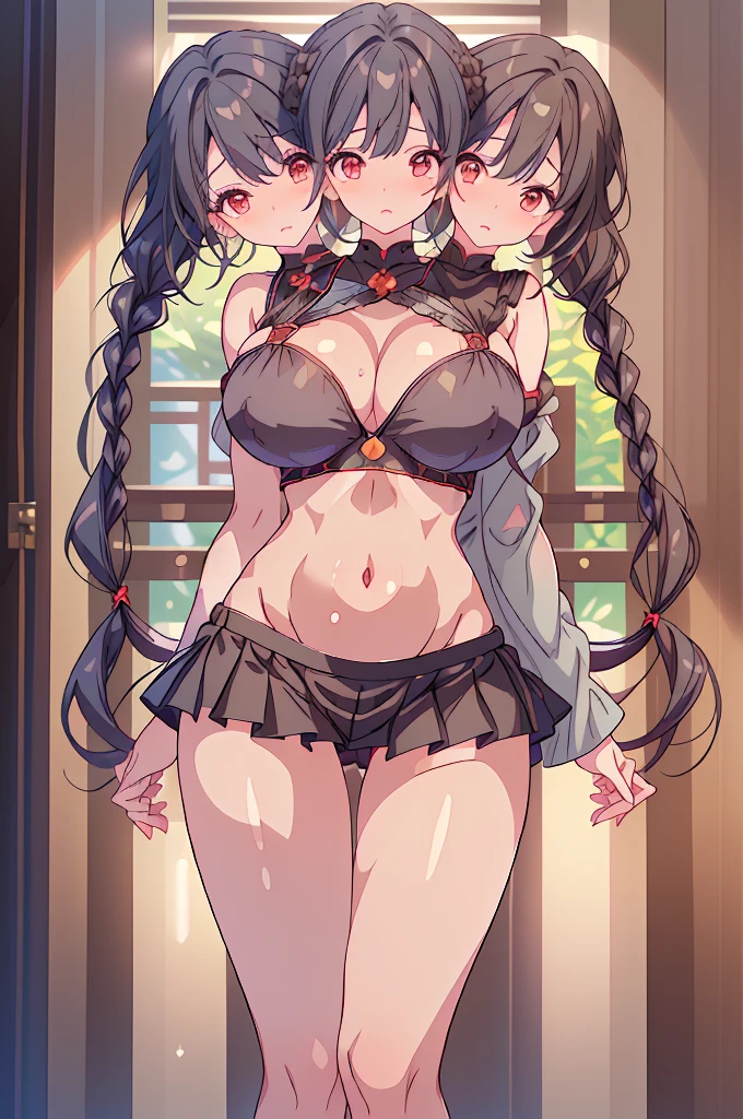 (masterpiece, best quality), best quality, (ultra-detailed), (3heads:1.5), 1girl, (Yatadera Narumi):1.3), masterpiece, best quality, ultra quality, ultra resolution, ultra detail, gray top, crop top, ((stomach)), midriff, ((groin)), gray skirt, normal ears, shackles, black hair, very long hair, wavy hair, sidelocks, dark brown eyes, ((extremely detailed eyes)), parted lips, open belly, sweat, cute, toned belly, hand on own chest, eyelashes, (25 year old woman:1.3), (masterpiece:1.5), (best quality:1.5), (beautiful detailed, extremely detailed CG, extremely delicate and beautiful, depth of field, (finely detailed face), (perfect details:1.2), (mature female:1.3), wide pelvis, slender, large veiny breast, 16k resolution, highres, high quality, high definition, extremely detailed, masterpiece, best quality, black hair, long hair, alluring presence, braid, twin long braids, short skirt, close up, very big tits, huge breasts, young,