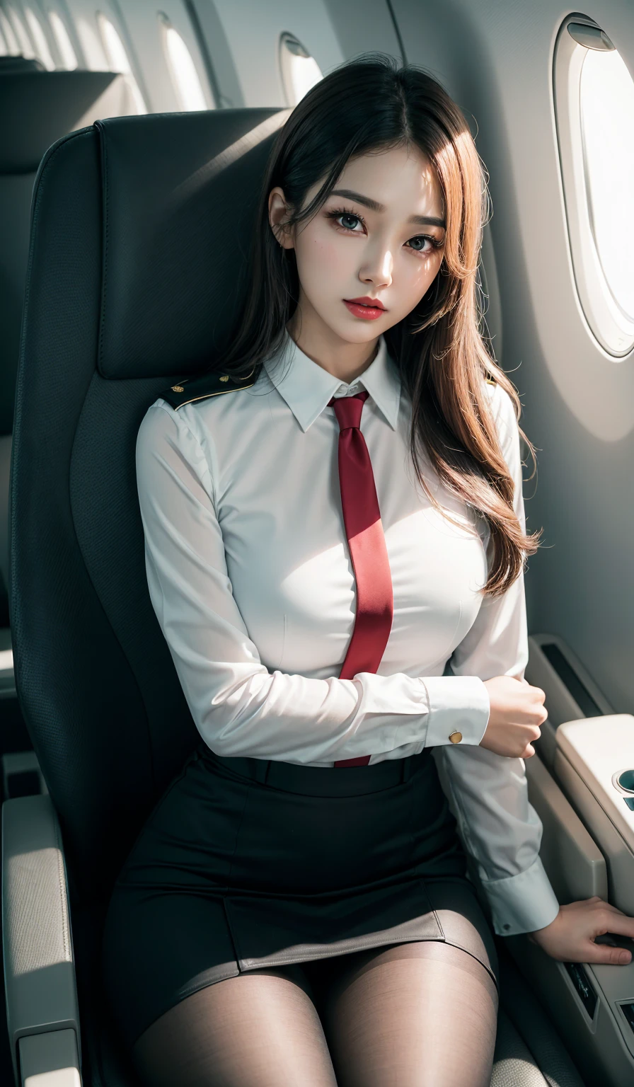 8k, masterpiece, RAW photos, best quality, realistic, 매우 상세한 CG가 8k를 통합합니다., 8k, Diamond, and wallpaper, depth of field, Cinematic Light, lens flare, ray tracing, (very beautiful face, beautiful lips, beautiful eyes), Face with intricate details, ((highly detailed skin)) 1 girl, in the dark, deep shadows, pretty korean girl, kpop idol, Photo of a sexy woman sitting in an airplane seat,wearing white flight attendant uniform,Skirt that hugs the buttocks,(아주 날씬하고 slim 근육질의 몸매:1.3), (flesh colored pantyhose:1.3),Light and tight flight attendant uniform,medium chest,wide hips,dry,red lip,black eye,(scary:0.9),cross one's legs,(Textured fabrics:0.9),looking at viewer, (pale skin), (big eyes),(laugh:0.8),seduce the camera,(metal fabric:0.5),sophisticated,(Actually,original language:1.5), Side slit, (hazy:0.9), face details, low quality photos, high contrast, On the plane, slim, bow-shaped, (rebellion:0.4)