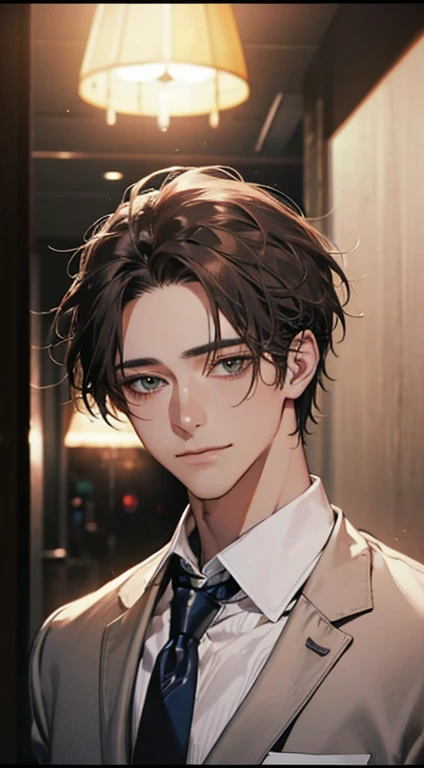 (Highest quality,4K,8K,High resolution,masterpiece:1.2),Super detailed,(Realistic,photoRealistic,photo-Realistic:1.37),1 person,34 years old,Mature Men,Beautiful skin、very handsome,Expressionless smile in love,Short gray brown hair,green eyes,Sharp Eyes,A perfect face without a doubt,Businessman, CEO, Office Background,Cinema Lighting,HDR image,tie、