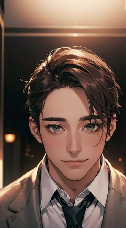 (Highest quality,4K,8K,High resolution,masterpiece:1.2),Super detailed,(Realistic,photoRealistic,photo-Realistic:1.37),1 person,34 years old,Mature Men,Beautiful skin、very handsome,Expressionless smile in love,Short gray brown hair,green eyes,Sharp Eyes,A perfect face without a doubt,Businessman, CEO, Office Background,Cinema Lighting,HDR image,tie、
