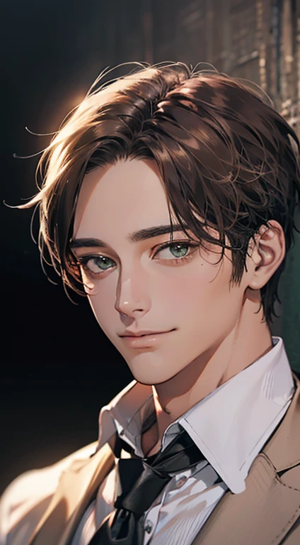(Highest quality,4K,8K,High resolution,masterpiece:1.2),Super detailed,(Realistic,photoRealistic,photo-Realistic:1.37),1 person,34 years old,Mature Men,Beautiful skin、very handsome,Expressionless smile in love,Short gray brown hair,green eyes,Sharp Eyes,A perfect face without a doubt,Businessman, CEO, Office Background,Cinema Lighting,HDR image,tie、