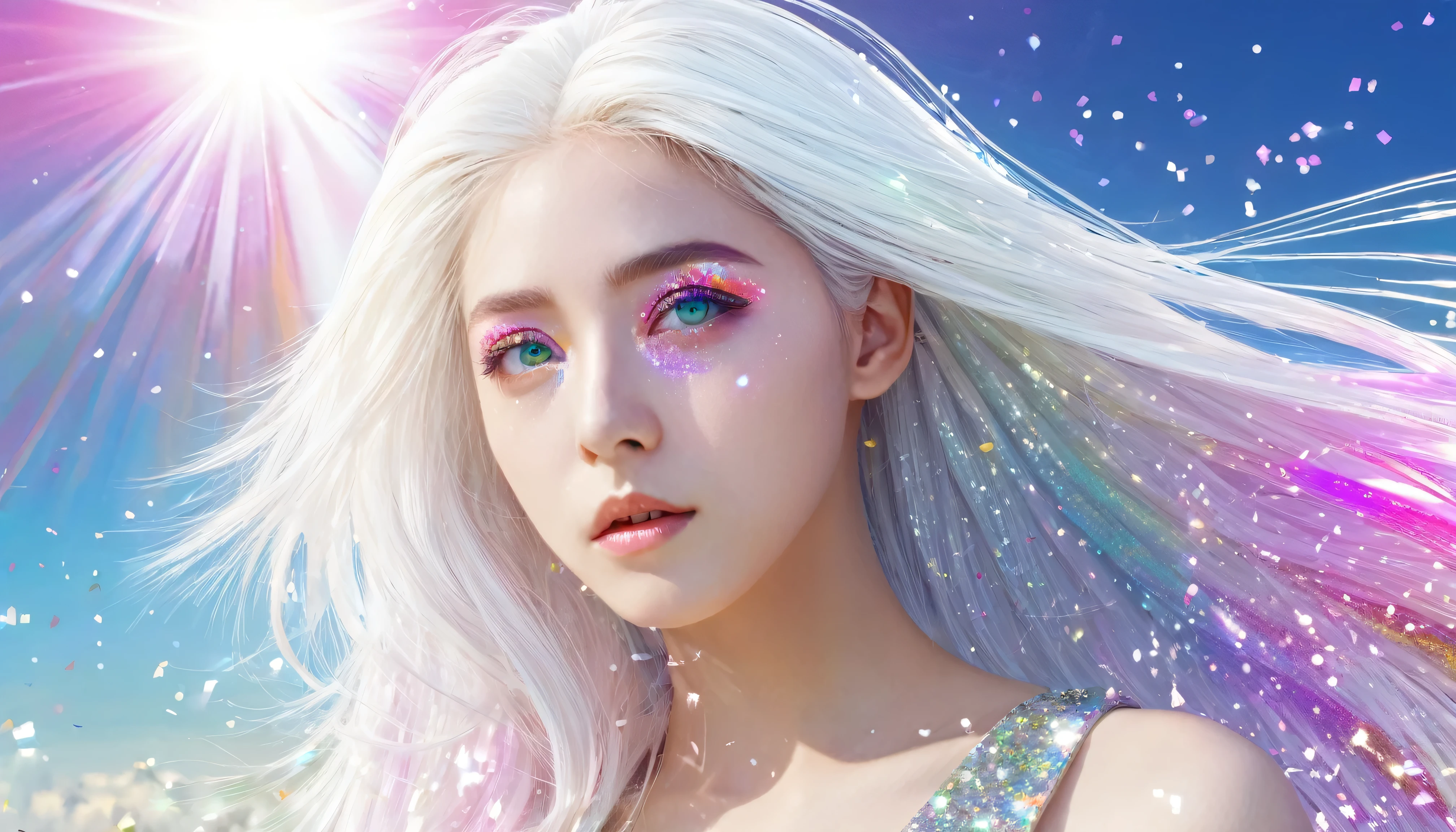 masterpiece, Highest Quality, expensive_quality, expensive_solve, masterpiece*Portrait, whitespace, colorful, One girl, alone, white_hair, prism hair, [pink|green] eye, gradient eye, multicolored eye, Shine eye, Shine, glitter, Shine white particles, Wind power increase, full_body, Severe,