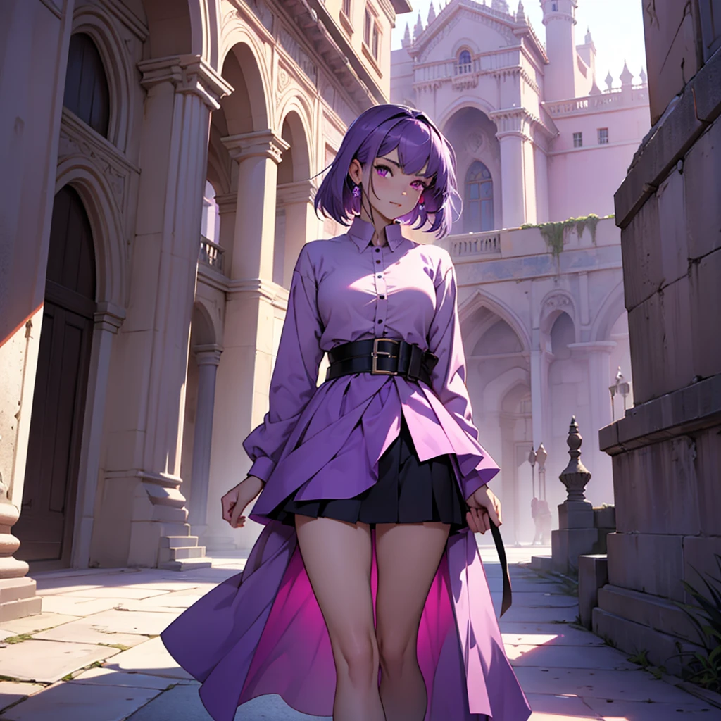 make a girl with purple hair and dark pink eyes wearing a light purple skirt and shirt in front of a palace with several people 