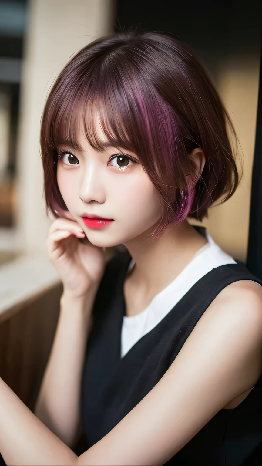 Pianfei, Highest quality, figure, Very detailed, Exquisite detail, High resolution, 8k,wallpaper, Perfect dynamic composition, Beautiful and delicate eyes, Black camisole,Bob Short Hair、Pink Hair Color,Natural color lips, Bold gesture,I want to give a slightly different perspective,Harajuku Style、20-year-old girl、Cute type、Looking up at the camera、In a dark room