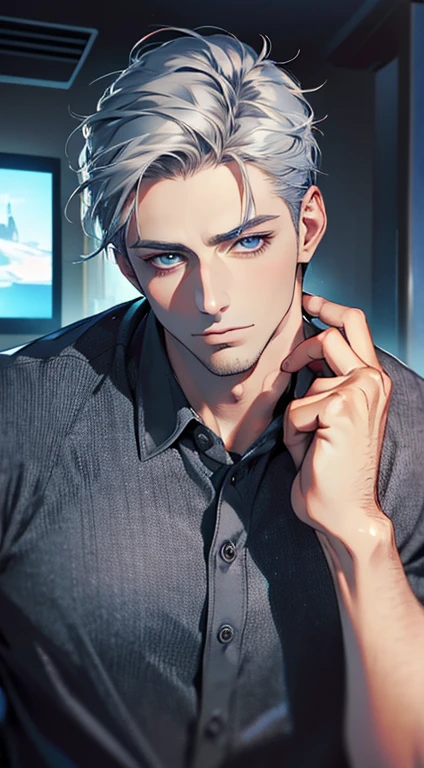 (best quality,4k,8k,highres,masterpiece:1.2),ultra-detailed,(realistic,photorealistic,photo-realistic:1.37),1 man,31 years old,mature man,very handsome,without expression,smile,short grey blue hair,blue eyes,penetrating gaze,perfect face without errors,imposing posture,businessman,office background,cinematic lighting,hdr image