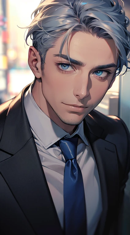 (best quality,4k,8k,highres,masterpiece:1.2),ultra-detailed,(realistic,photorealistic,photo-realistic:1.37),1 man,31 years old,mature man,very handsome,without expression,smile,short grey blue hair,blue eyes,penetrating gaze,perfect face without errors,imposing posture,businessman,office background,cinematic lighting,hdr image