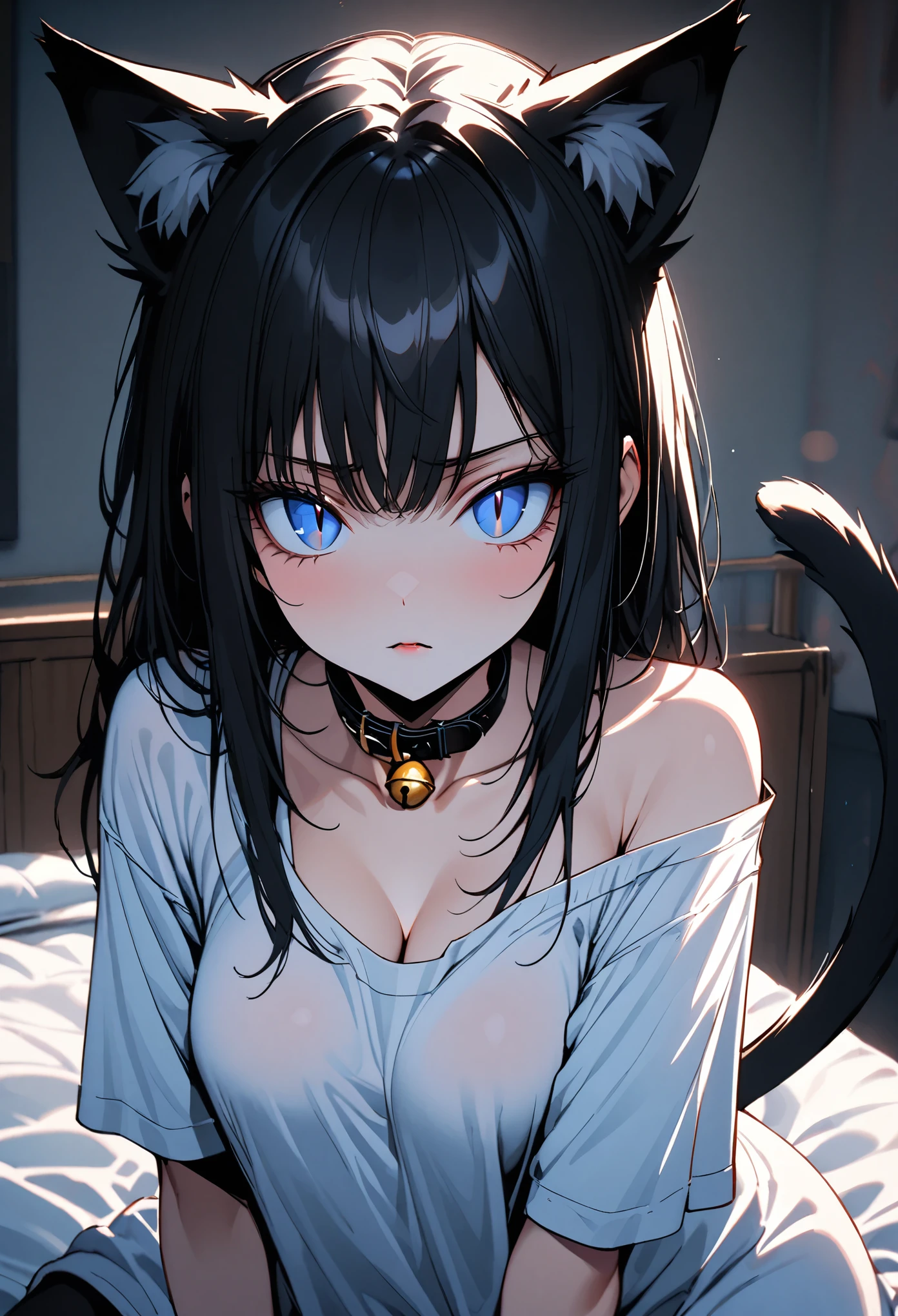 solo female, sitting on bed, oversized t-shirt, large breasts, young, blue eyes, slit pupils, straight long black hair, cat ears, cat tail, confused, morning, very cute, curvaceous, close up, cleavage, one bare shoulder, cat bell collar, close up, very large breasts