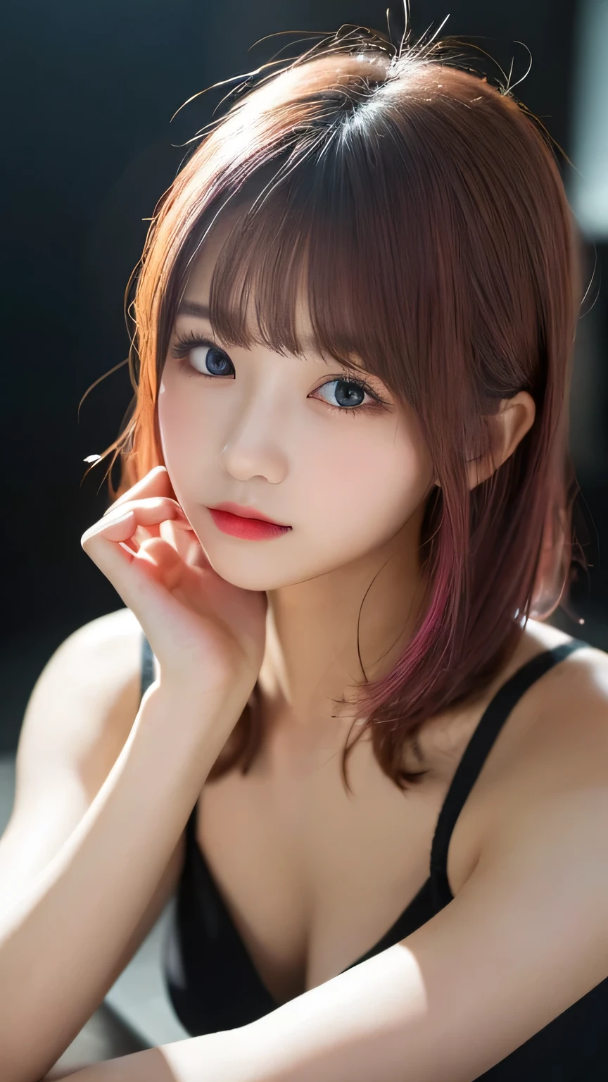 Pianfei, Highest quality, figure, Very detailed, Exquisite detail, High resolution, 8k,wallpaper, Perfect dynamic composition, Beautiful and delicate eyes, Black camisole,Bob Short Hair、Pink Hair Color,Natural color lips, Bold gesture,I want to give a slightly different perspective,Harajuku Style、20-year-old girl、Cute type、Looking up at the camera、In a dark room
