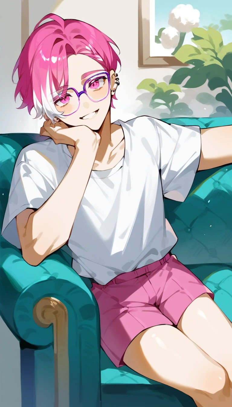 a young man with medium pink hair and some white highlights, UP TO THE NECK, piercings na orelha, hot pink eyes. He only wears short white cotton shorts., next to clear and purple glasses, wearing no shirt. He smiles mischievously and seductively, standing next to the sofa, hand resting on the sofa. femboy, 精致的面容. white short shorts. sexy boy. detailled image, HD. cute smile. clear living room, comfortable environment, pink fluffy sofa.