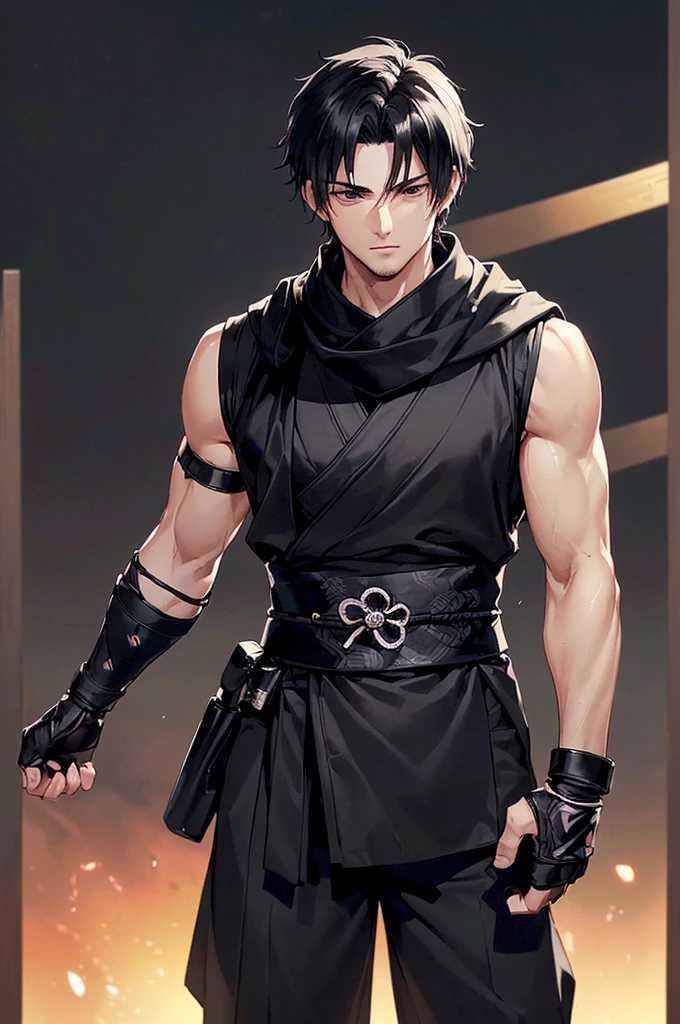 (((masterpiece; best quality: 1.2))), (finely detailed eyes: 1.3), ((25 year old man)), ((solo)), (black eyes: 1.4), (body shape; lean, masculine: 1.3), (very short black hair: 1.3), (beautiful and clear background: 1.2), ((depth of field)), (equipment: black shinobi clothing + fully covered + black kimono + black pants + black scarf + black bracers + black fingerless gloves: 1.3), (anime illustration: 1.2), (background composition; old japanese mansion + night: 1.1), (extremely fine and handsome: 1.1), (shot composition; standing + centered on torso + close-up: 1.5), (facial expression; calm, stoic: 1.2)