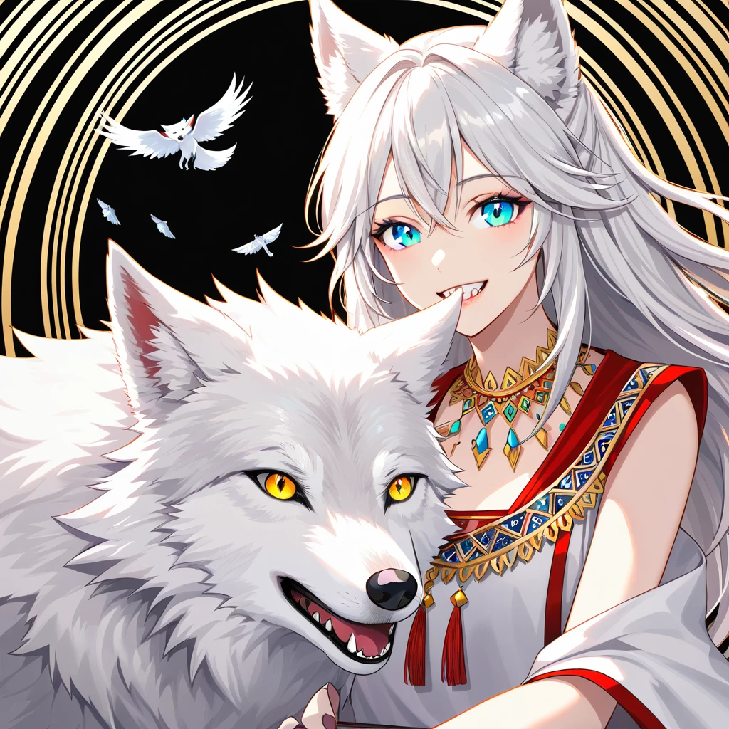 white wolf, animal, cheerful eyes, fly away, kwai, with diamond details. smiling