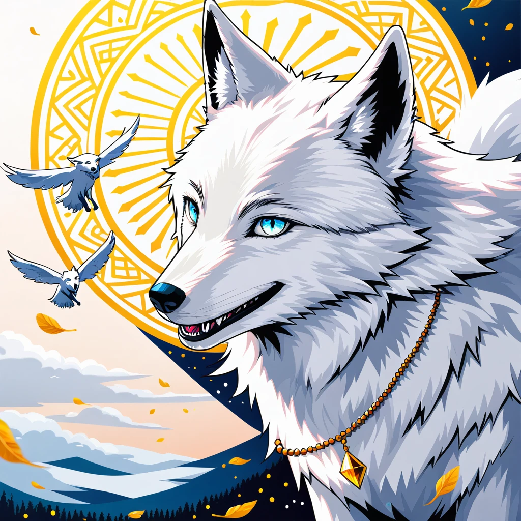 white wolf, animal, cheerful eyes, fly away, kwai, with diamond details. smiling