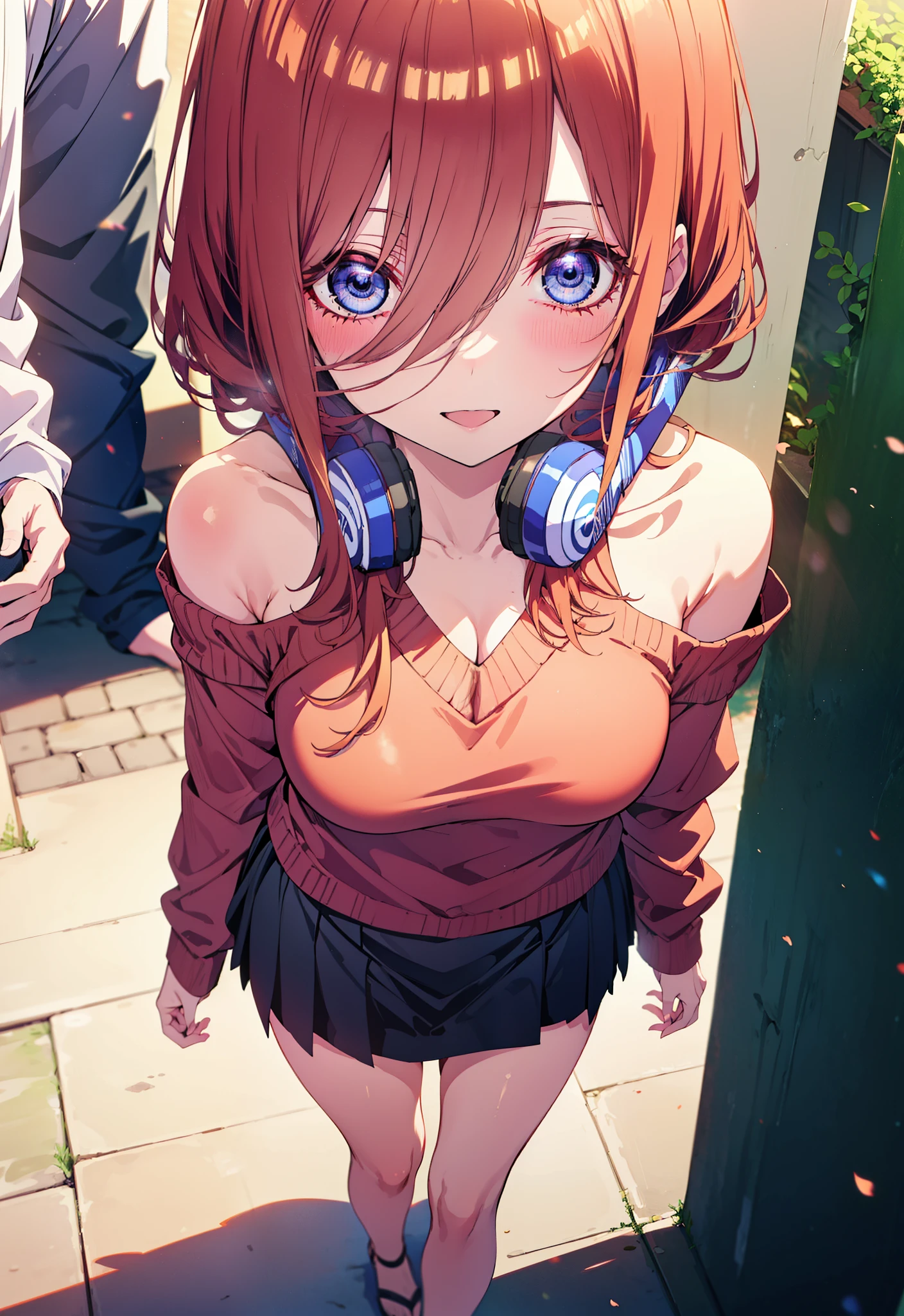 Miku Nakano, miku nakano, Long Hair, bangs, blue eyes, Brown Hair, shirt, Hair between the eyes, Headphones around neck,happy smile, smile, Open your mouth,One-shoulder sweater,mini skirt,Heeled Sandals,Walking,morning,morning陽,Clear skies,whole bodyがイラストに入るように,
break outdoors, Building district,
break looking at viewer,whole body,
break (masterpiece:1.2), Highest quality, High resolution, unity 8k wallpaper, (figure:0.8), (Beautiful attention to detail:1.6), Highly detailed face, Perfect lighting, Highly detailed CG, (Perfect hands, Perfect Anatomy),