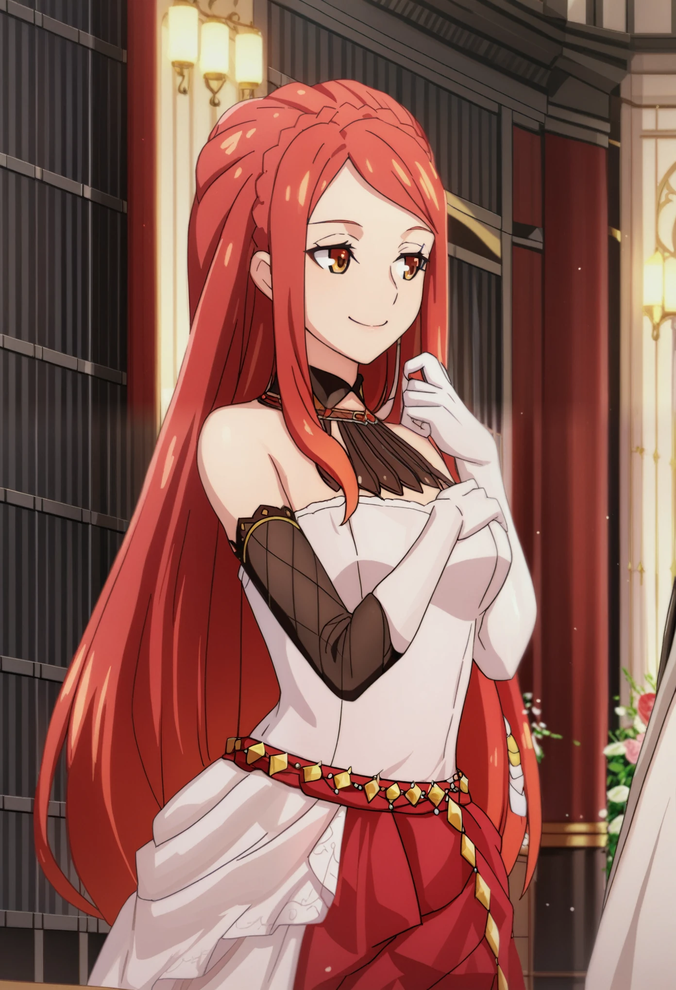 Deep system_Garnathia, 1 girl, long_hair, chest, smile, glove, turn off_mouth, just_shoulder, orange_eyes, on_body, braid, red_hair, single_sleeve, Sleeveless, In the building, elbow_glove, look_to_at_side, sweep_smooth, halter, bride_glove, crown_braid, Garnathia_set,  sex