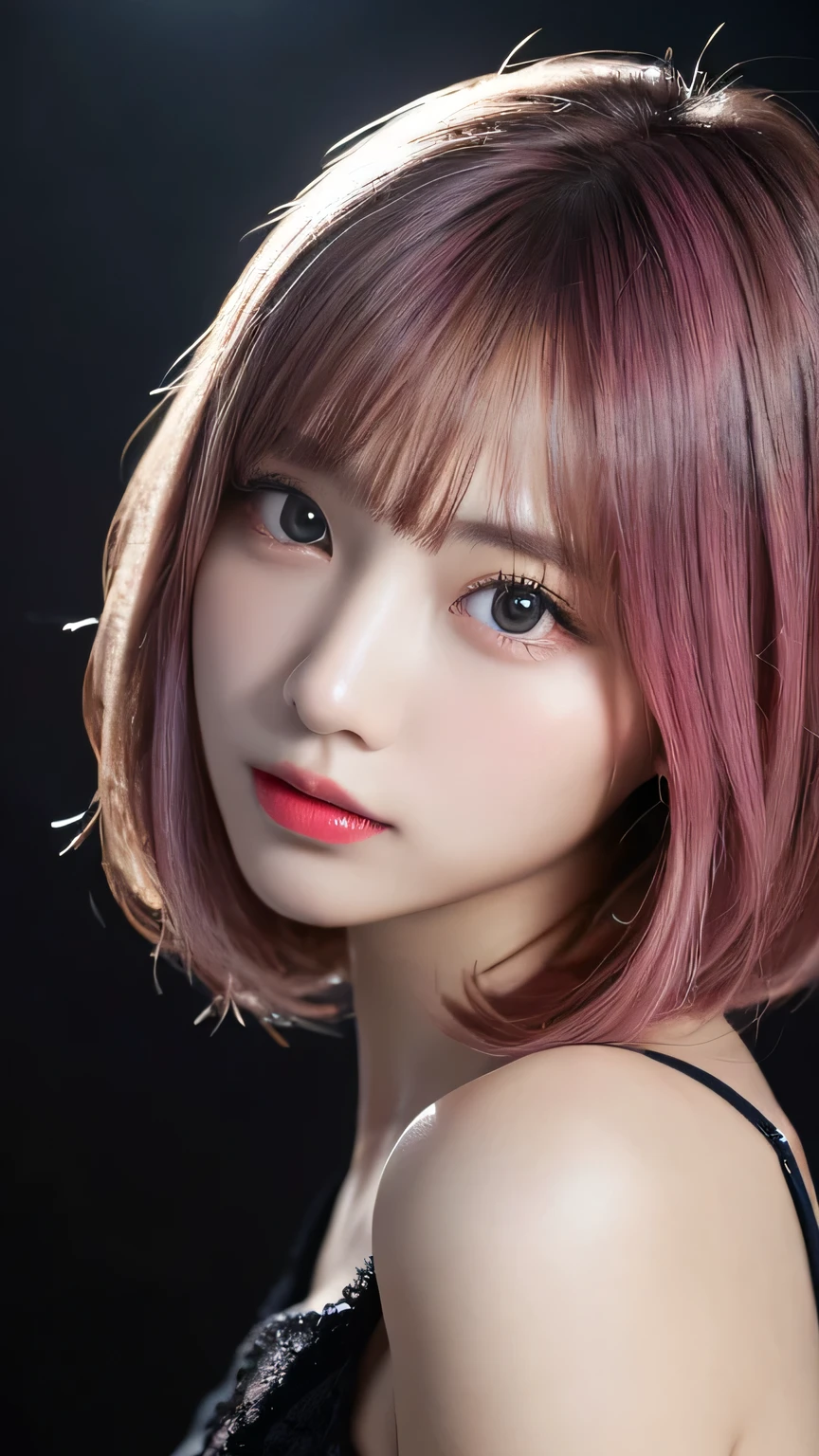 Pianfei, Highest quality, figure, Very detailed, Exquisite detail, High resolution, 8k,wallpaper, Perfect dynamic composition, Beautiful and delicate eyes, Black camisole,Bob Short Hair、Pink Hair Color,Natural color lips, Bold gesture,I want to give a slightly different perspective,Harajuku Style、20-year-old girl、Cute type、Looking up at the camera、In a dark room