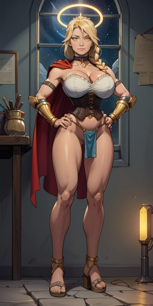 paladin lady in ornate golden armor, black collar, pauldrons, breastplate, corset, glowing halo, single braid, blonde, yellow glowing eyes, bright pupils, eye focus, red cape, temple indoors, stained glass windows, night, moonlight, particles, light beam, chromatic aberration, (full body, whole body. 1solo (girl). slave fighter, loincloth standing, hands on hips full body, whole body. 1solo (girl). slave fighter, loincloth standing, hands on hips, metal sandals, backpack, choker, big belt, view from below, feet together, bracers, tiara)