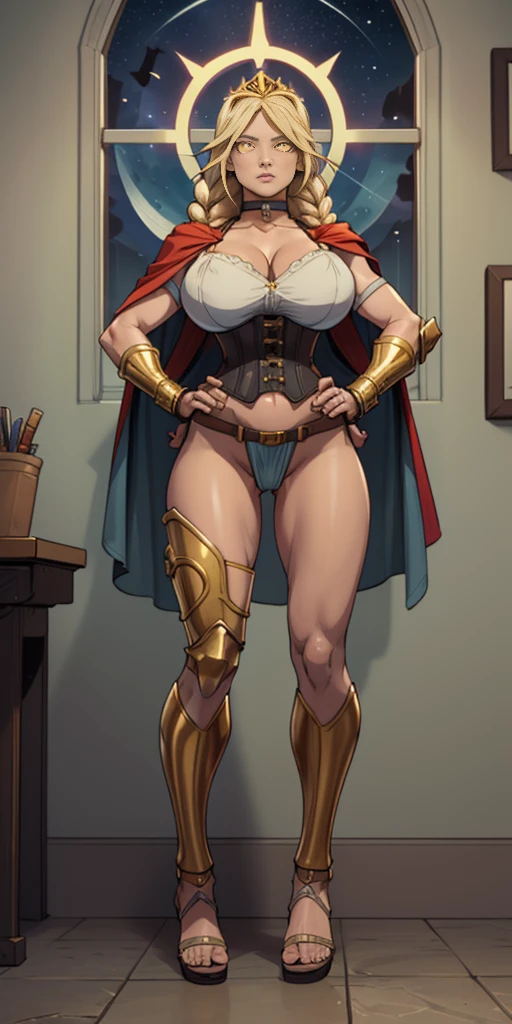 paladin lady in ornate golden armor, black collar, pauldrons, breastplate, corset, glowing halo, single braid, blonde, yellow glowing eyes, bright pupils, eye focus, red cape, temple indoors, stained glass windows, night, moonlight, particles, light beam, chromatic aberration, (full body, whole body. 1solo (girl). slave fighter, loincloth standing, hands on hips full body, whole body. 1solo (girl). slave fighter, loincloth standing, hands on hips, metal sandals, backpack, choker, big belt, view from below, feet together, bracers, tiara)